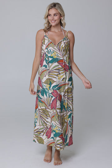 Funky Palm Strappy Tie-Front Maxi Dress