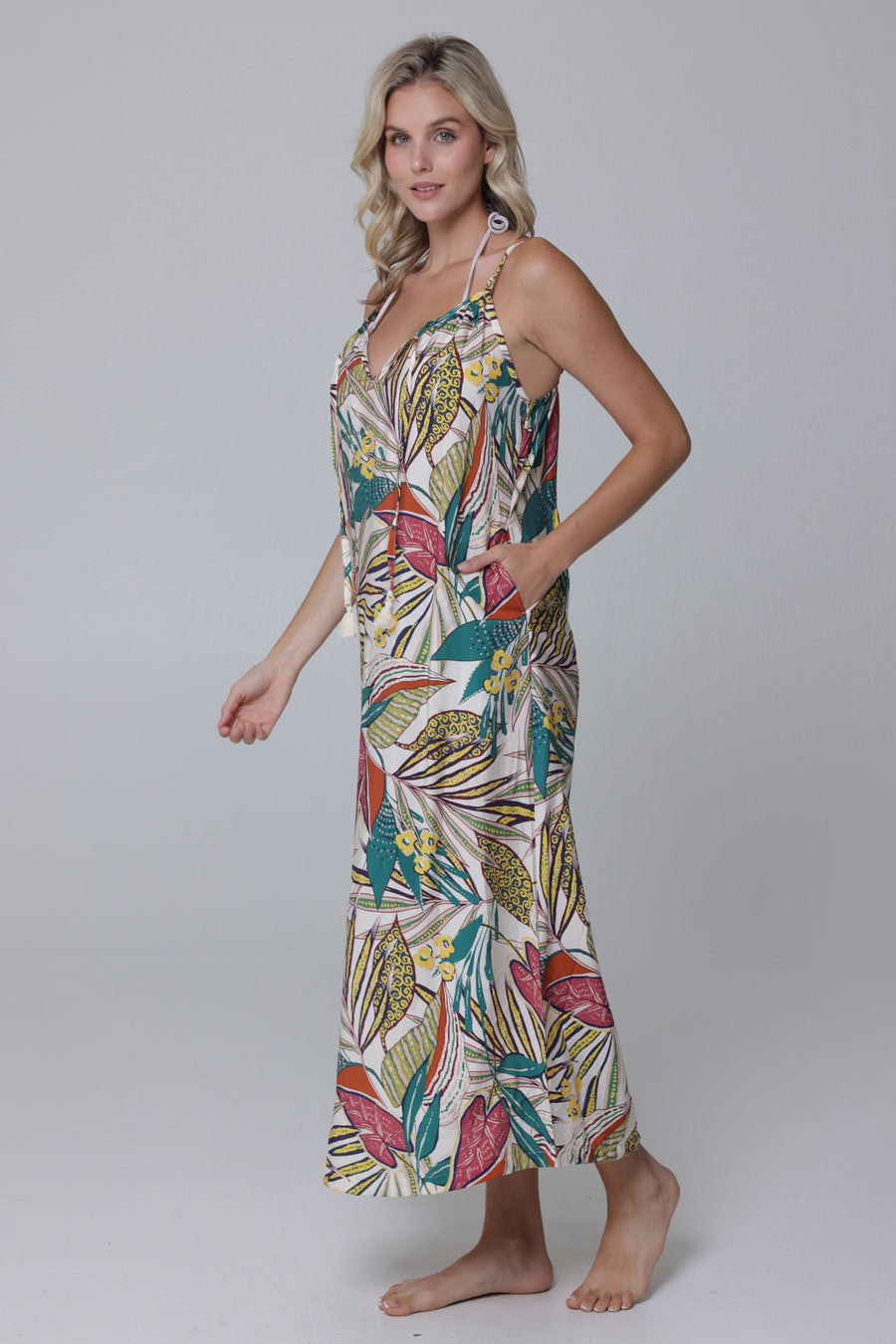 Funky Palm Strappy Tie-Front Maxi Dress