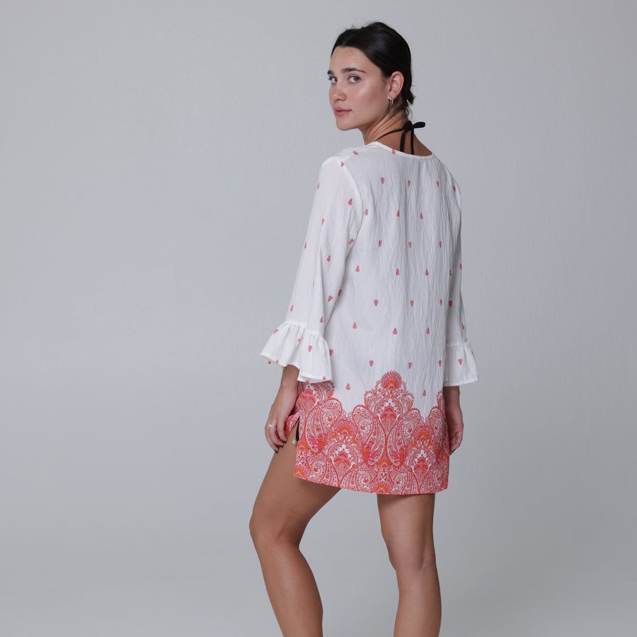 Corsica Ruffle Sleeve Lace Neck Tunic