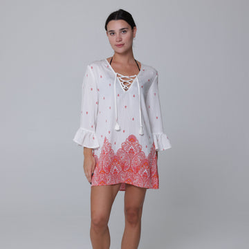 Corsica Ruffle Sleeve Lace Neck Tunic